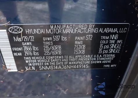 2022 Hyundai Santa Fe Se from USA, damaged, VIN 5NMS14AJ6NH449145